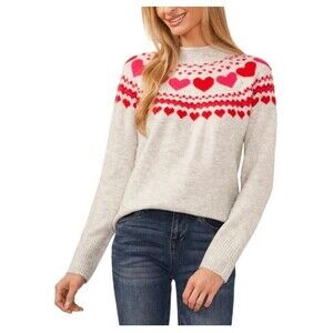 CeCe Womens Long Sleeve Sweater XL Gray Heart Red Pink Fair Isle Mock Neck NWT